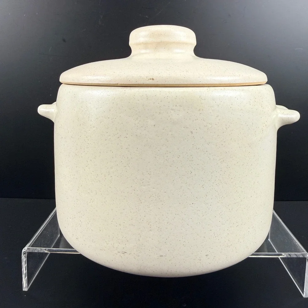 Vintage West Bend Stoneware Bean Pot MCM Fork & Spoon Pattern Crock with Lid